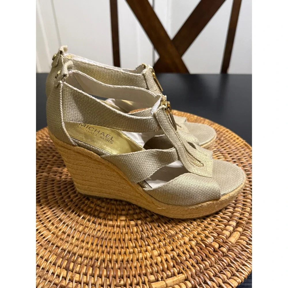 Michael Michael Kors Gold Espadrille Wedge Sandals Front Zip Womens 7M PW13K